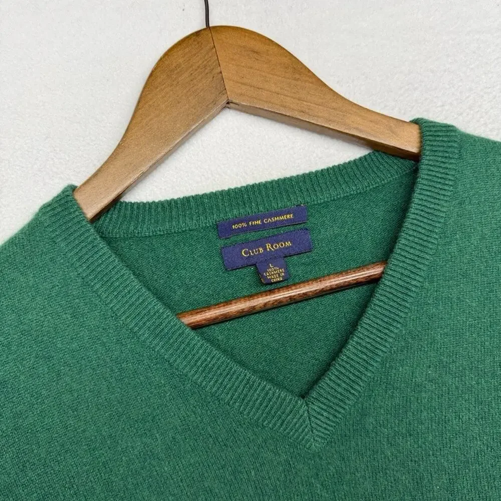 Club Room Cashmere Sweater Men's Large Green v neck Pullover Preppy Solid Fine